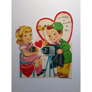 Vintage Die-Cut Movable Valentine Card Boy Girl With Camera My Heart Is FOCUSED